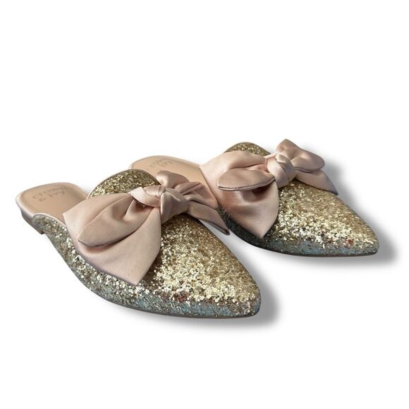 Crown & Ivy Elise Bow Glitter Mules Slip On Flats Size 6 - Picture 3 of 11